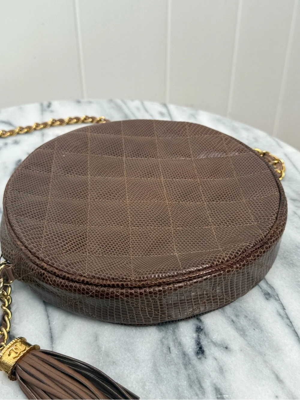 Vintage Chanel Brown Lizard ‘Round as Earth’ Shoulder Bag w/ Tassel Pre 1986